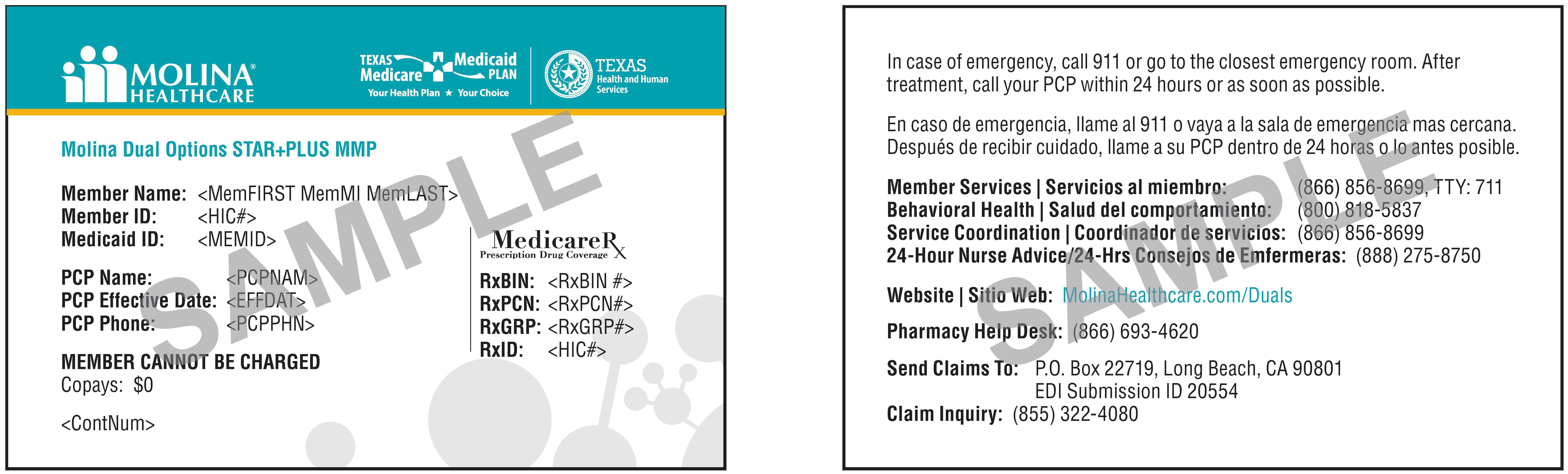 TX 2021 Molina Dual Options muestra de tarjeta de identificación